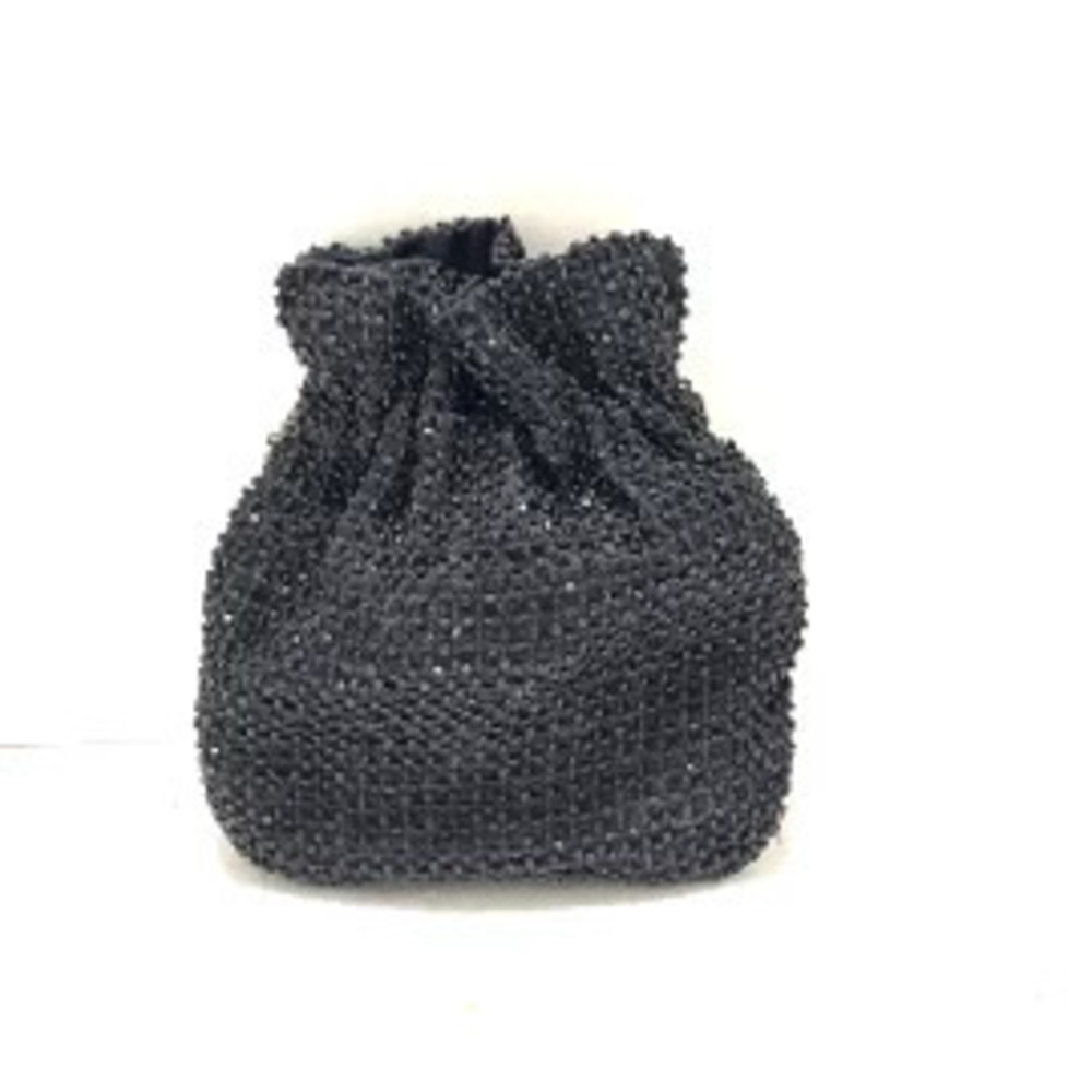 Prada Pouch Clutch Beaded Drawstring Black Satin Leather